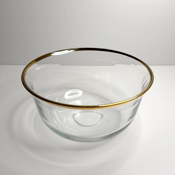 Vintage Clear Glass Mixing Bowl Gold Rimmed Serving Dish 9.75" Diameter - Picture 1 of 8